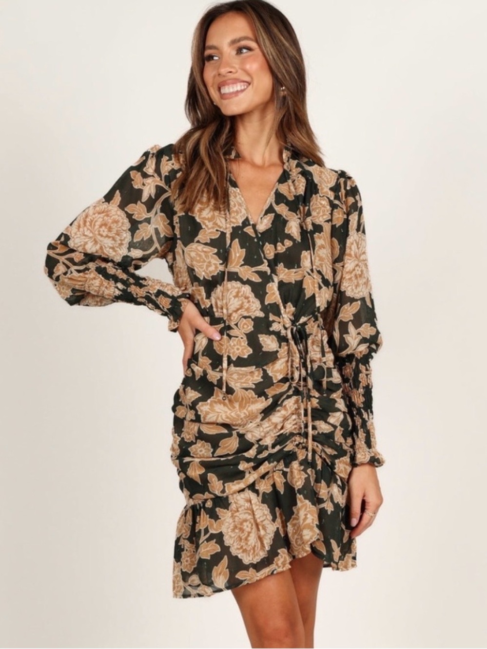 Dress Forum Black & Beige Floral Drawstring Long Sleeve Dress